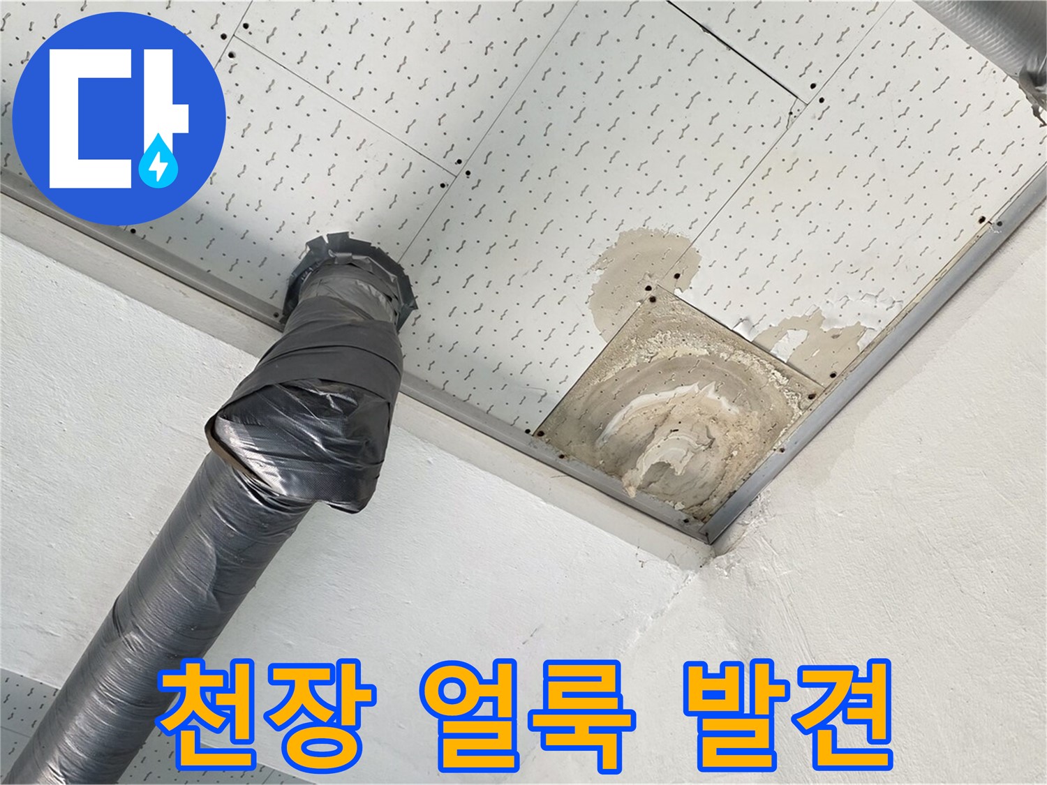 천장 얼룩 발견 - 천장에 생긴 누수 얼룩을 보여주는 사진입니다 - 누수 초기 증상일 수 있습니다.