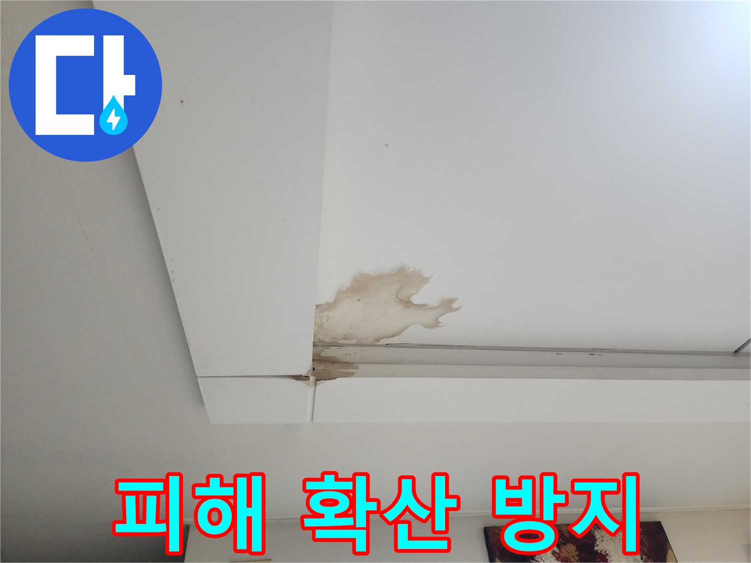 피해 확산 방지 - 일산 가좌2동 아파트 천장 누수 현장에서 누수 피해 확산을 방지하기 위한 조치를 취하고 있습니다.