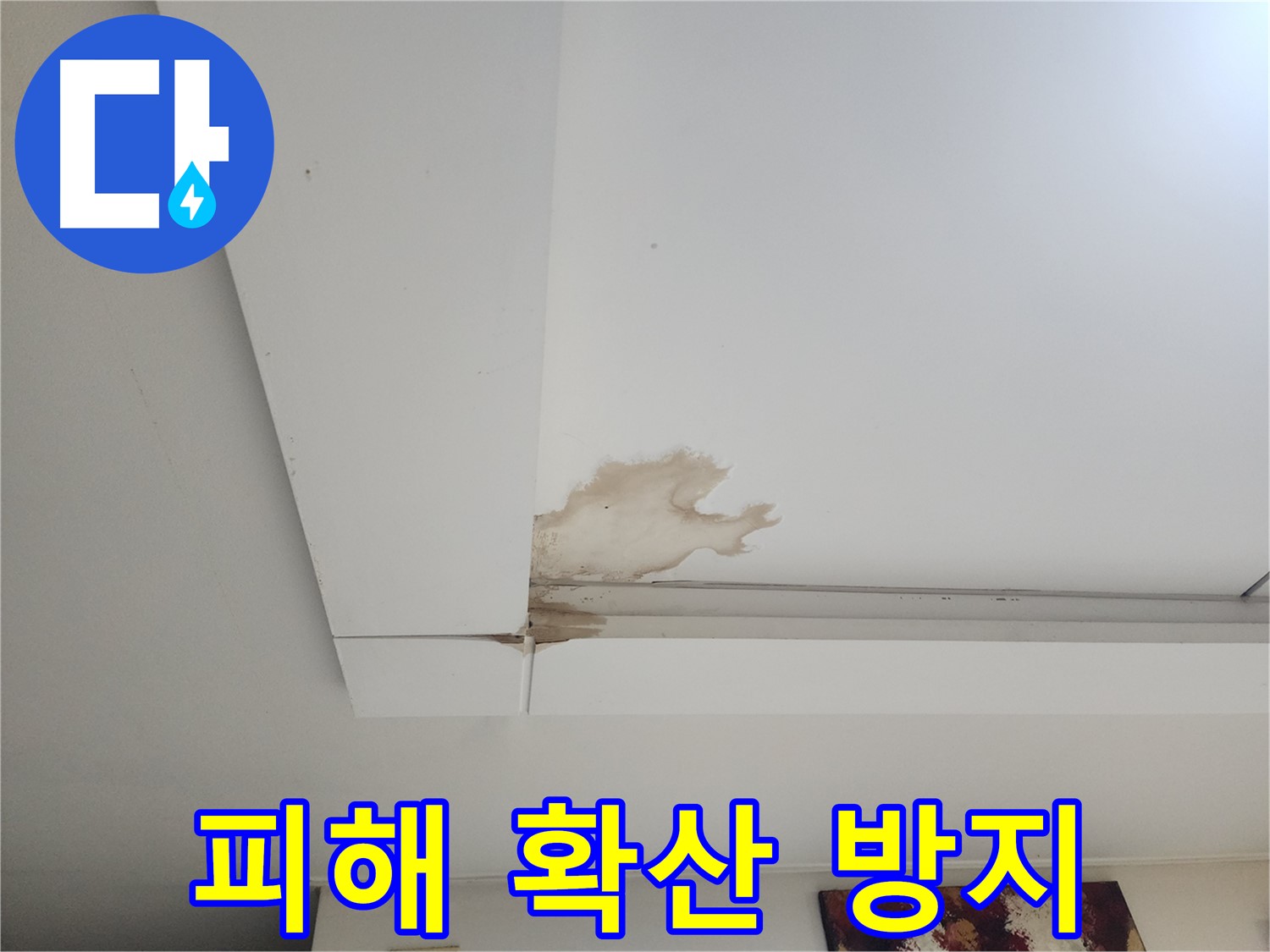피해 확산 방지 - 일산 가좌2동 아파트 천장 누수 현장에서 누수 피해 확산을 방지하기 위한 조치를 취하고 있습니다.
