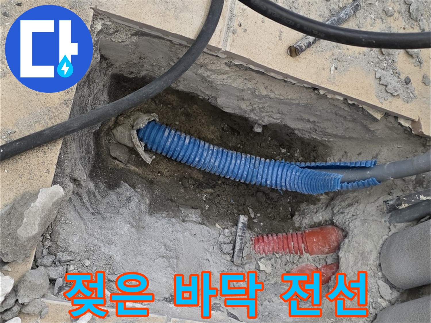양주 삼숭동 자이아파트 누수 - 굴착 후 젖은 바닥과 꼬불거리는 파란 전선관 발견