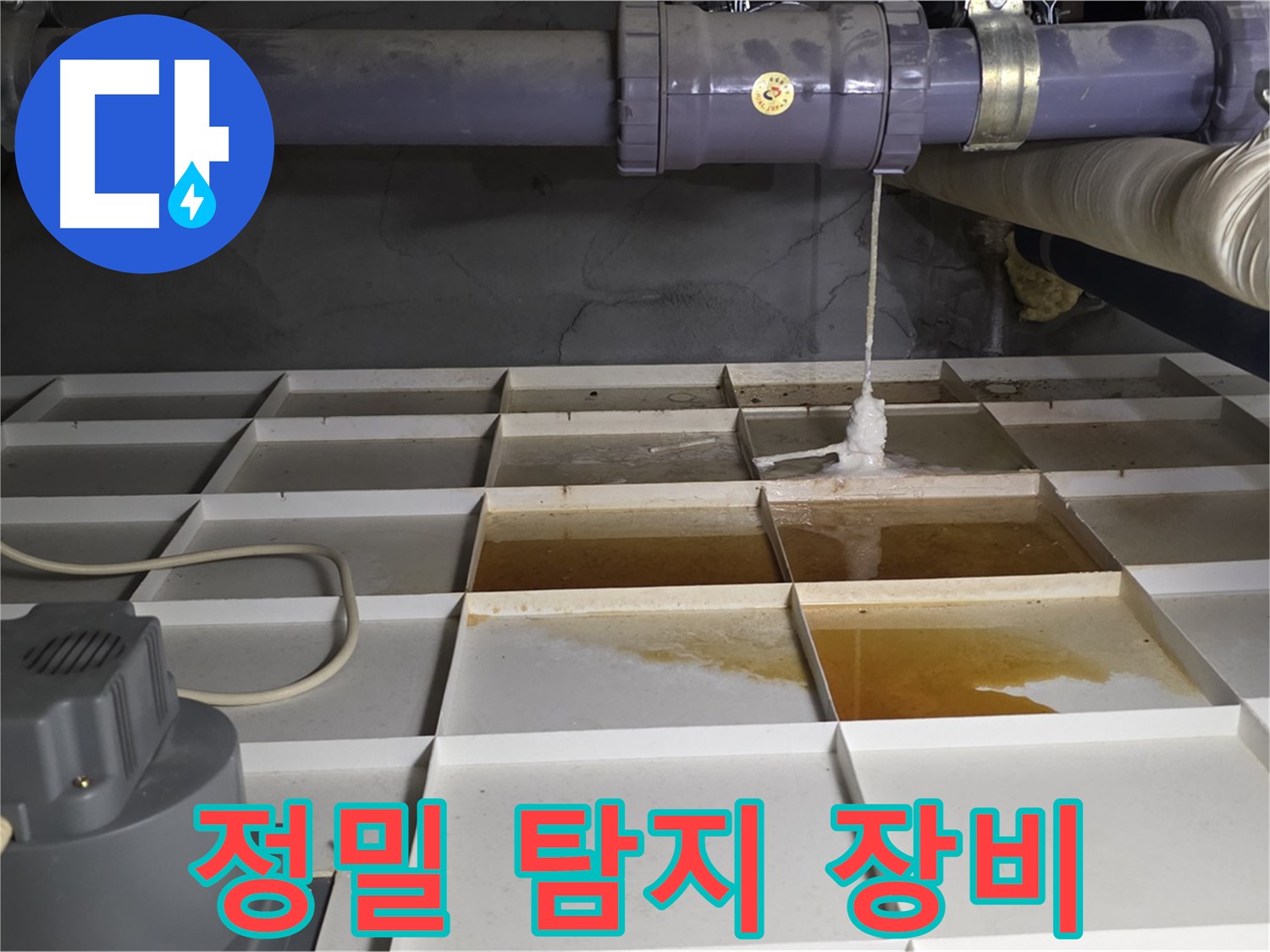 성남 분당 운중동 산운마을 6단지에서 정밀 탐지 장비를 사용하여 오수 역류를 진단하는 모습 - 정확한 원인 진단을 위한 필수 과정입니다.