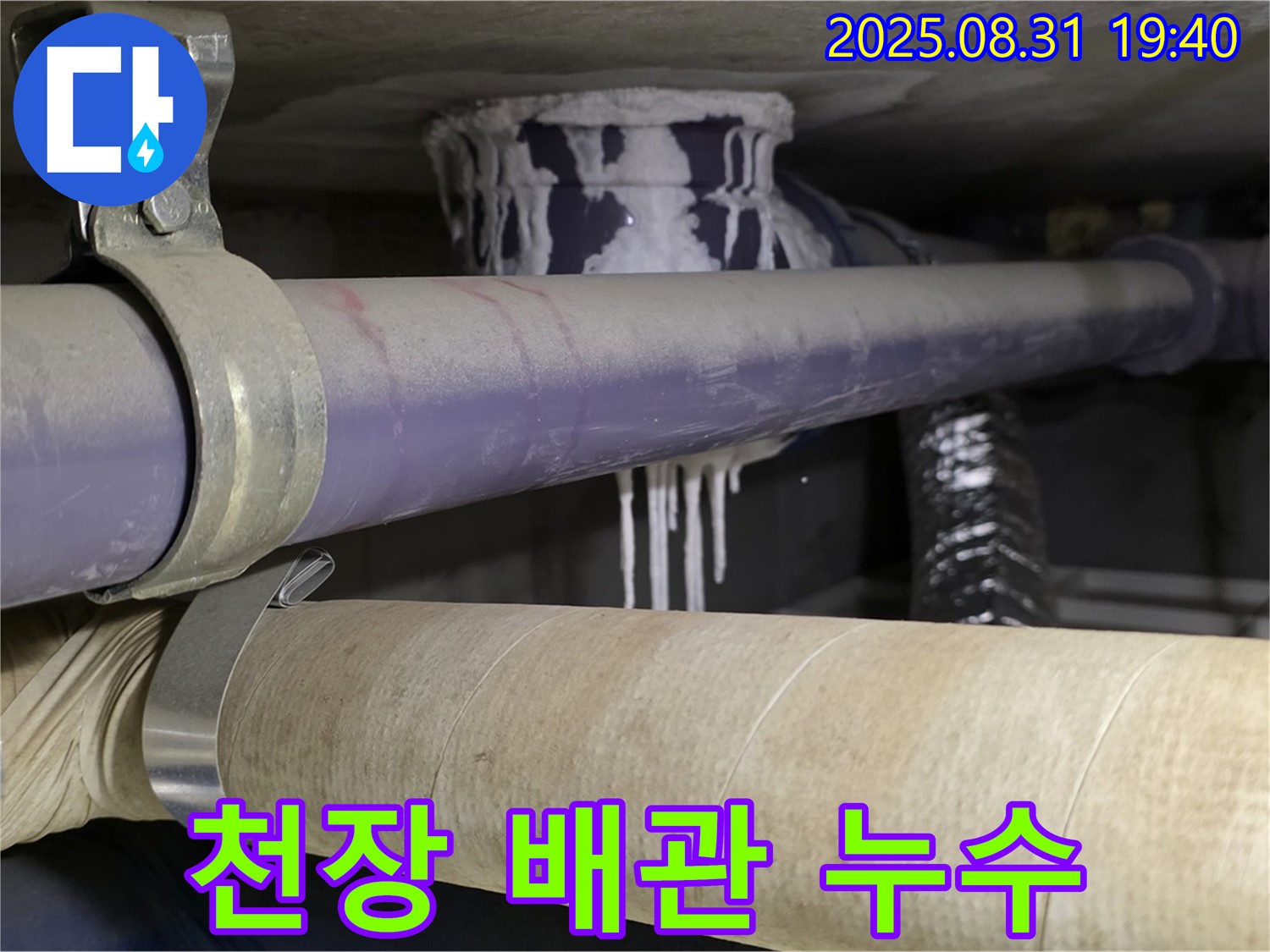천장 배관에서 누수가 발생하여 고드름처럼 물방울이 맺혀있는 모습 - 긴급 점검이 필요합니다.