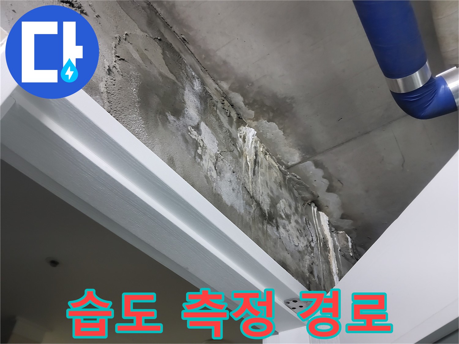문 위 천장 - 습도 측정 및 경로 추적 - 습도계를 사용하여 누수 부위의 습도를 측정하고, 누수 경로를 추적하는 모습입니다.