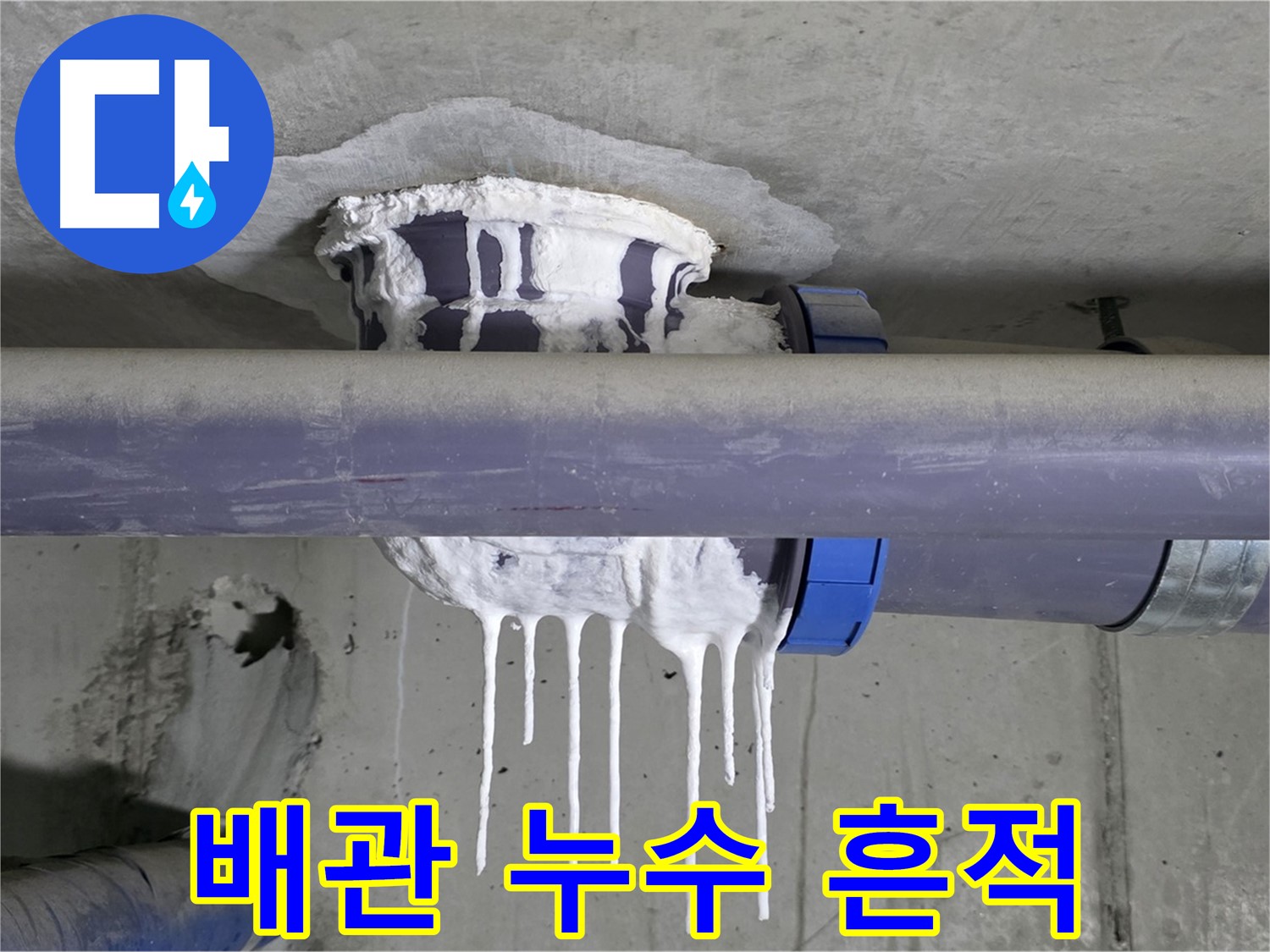 배관 누수 흔적 - 천장에서 물이 떨어지는 모습으로, 누수 발생 위치를 보여줍니다.