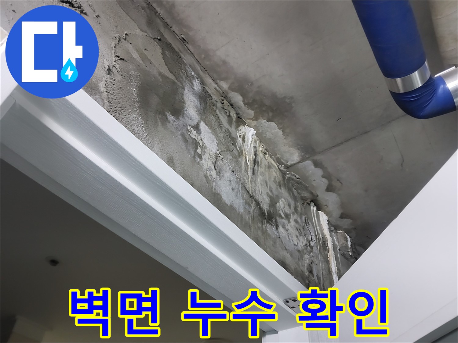 벽면 누수 확인 - 누수가 발생한 욕실 옆 벽면 부위를 자세히 보여주는 사진입니다.