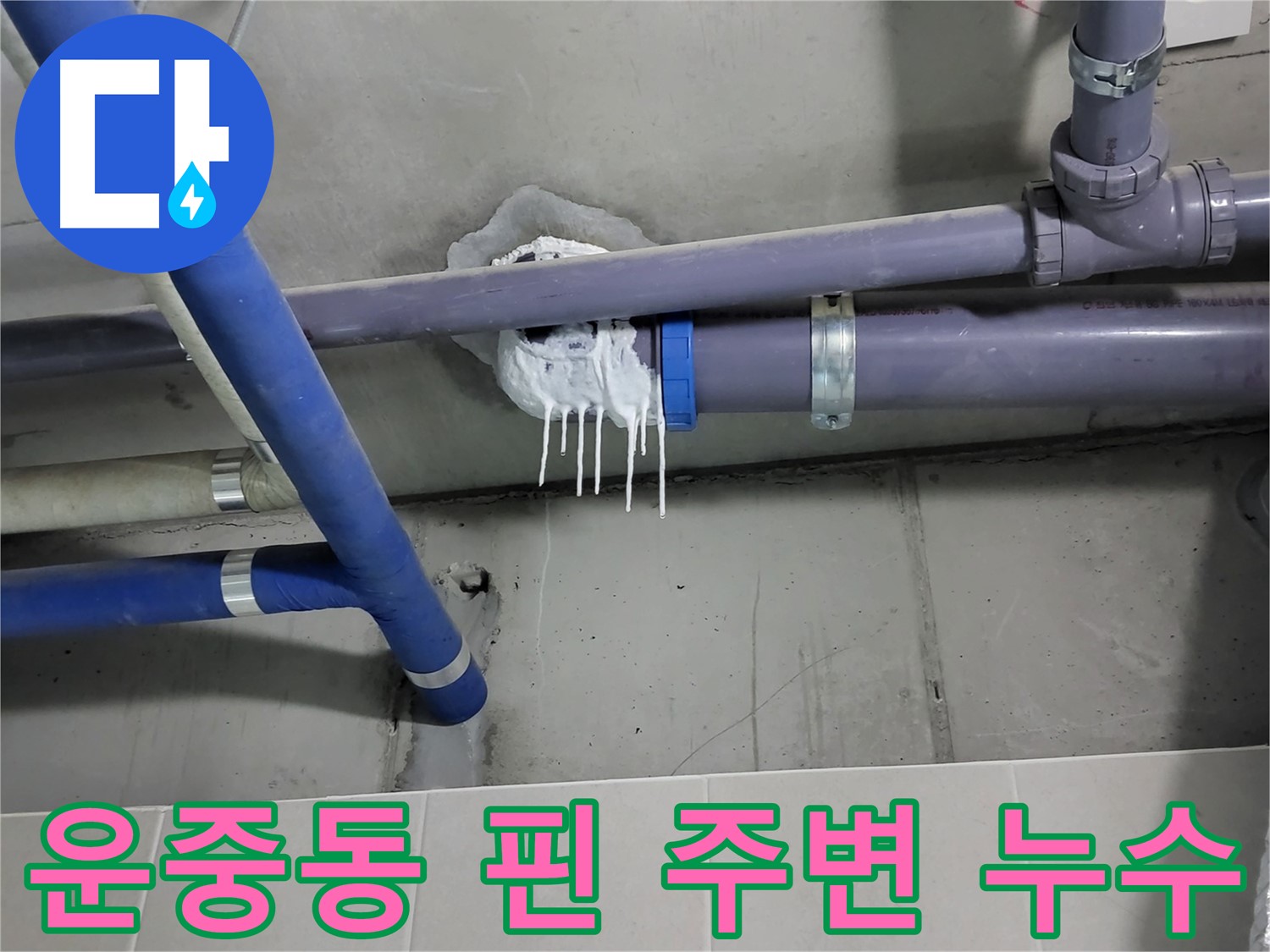 분당구 운중동 하수 누수 - 배관 고정 핀 주변 누수 흔적