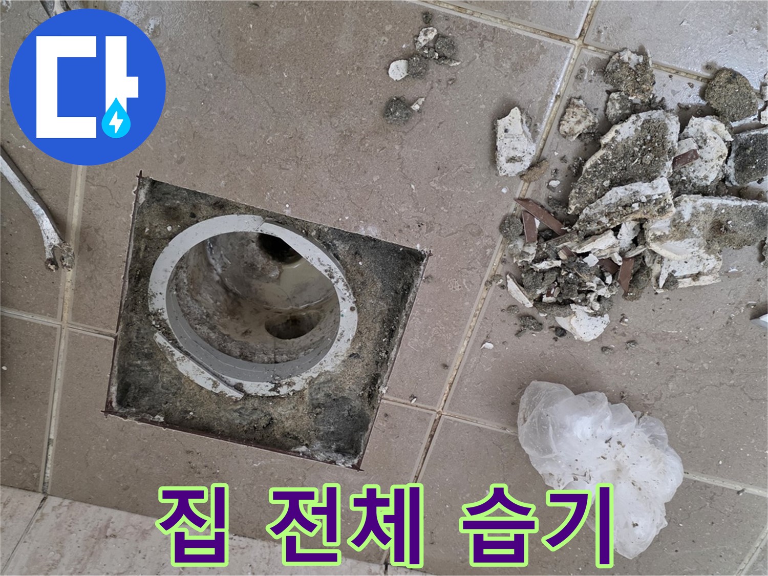 포천 일동 욕실 - 깨진 타일 속 배수구 누수, 방치하면 집 전체가 습기로 가득 찰 수 있습니다!
