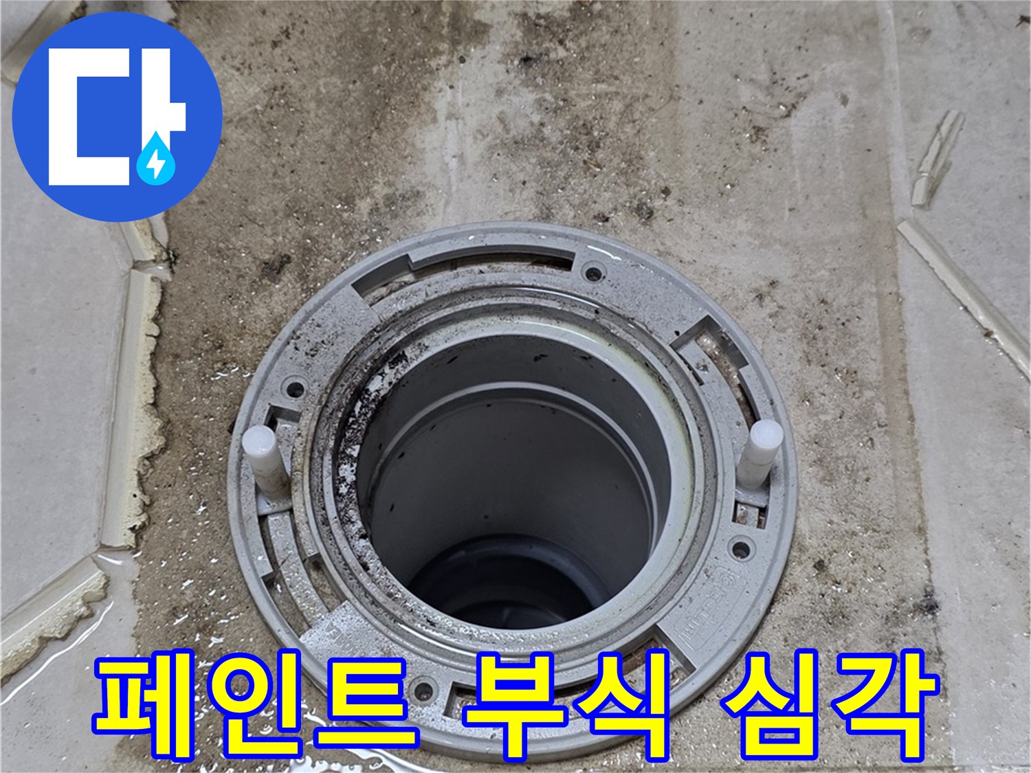 변기 뒤 벽면 - 벽지 손상과 함께 페인트 부식이 심각하게 진행되고 있습니다.