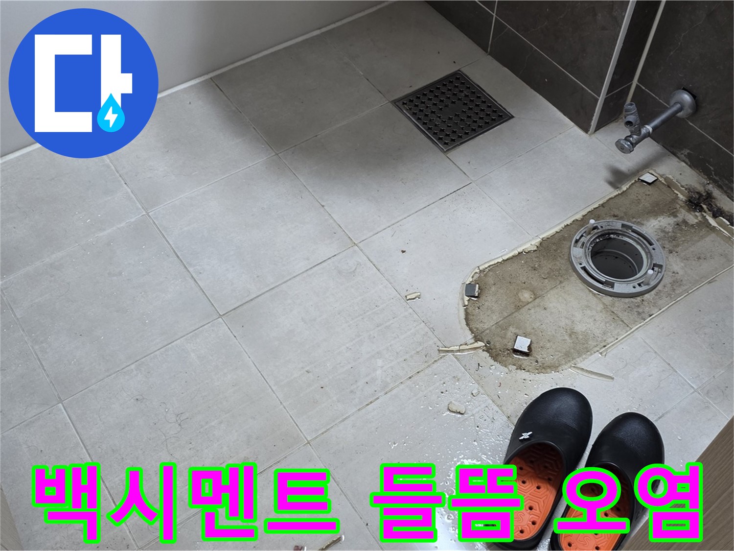 양주 옥정동 율정마을 아파트 변기 누수 - 변기 하부 백시멘트의 들뜸과 오염 상태를 확인합니다.