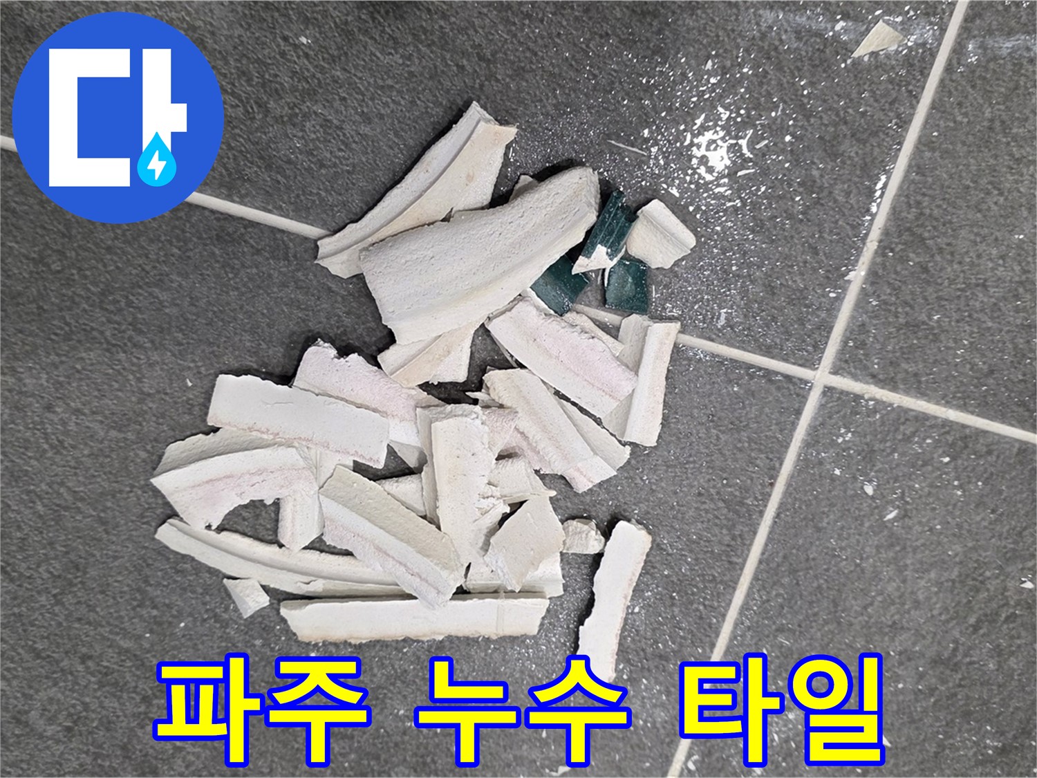 파주 누수 현장, 누수 탐지를 위해 파손된 타일 조각들 - 누수 원인 해결을 위한 첫 걸음! 저희가 함께 하겠습니다.