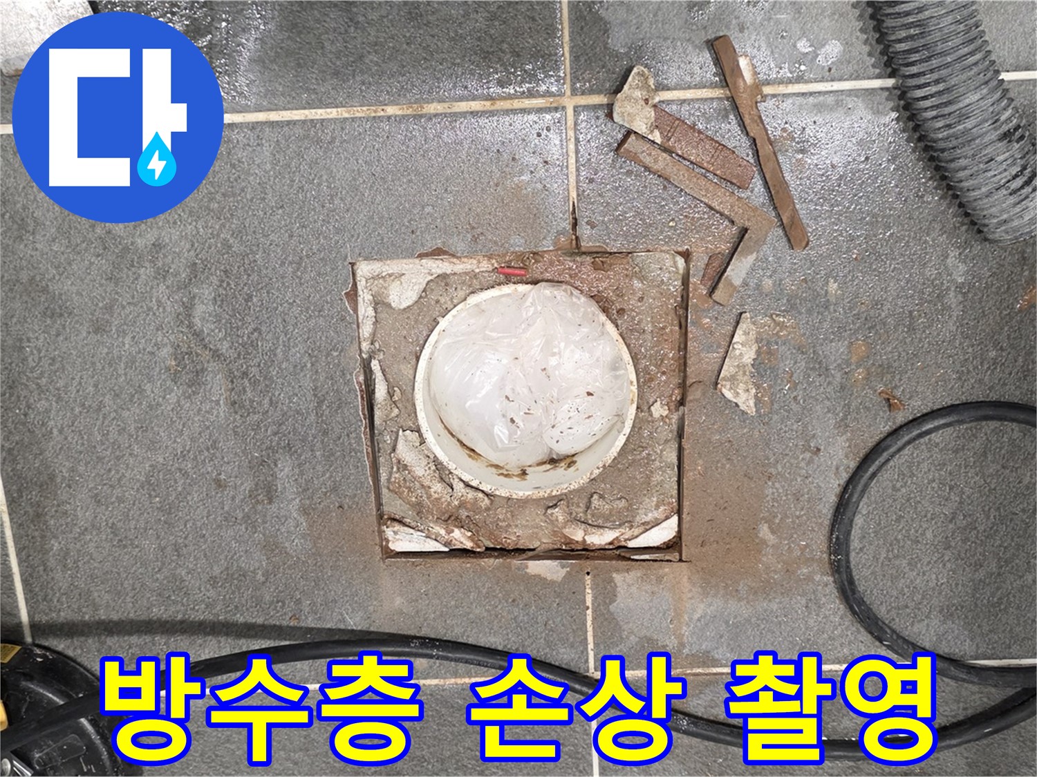 파주 욕실 배수구 누수 - 방수층 손상 부위를 자세히 촬영