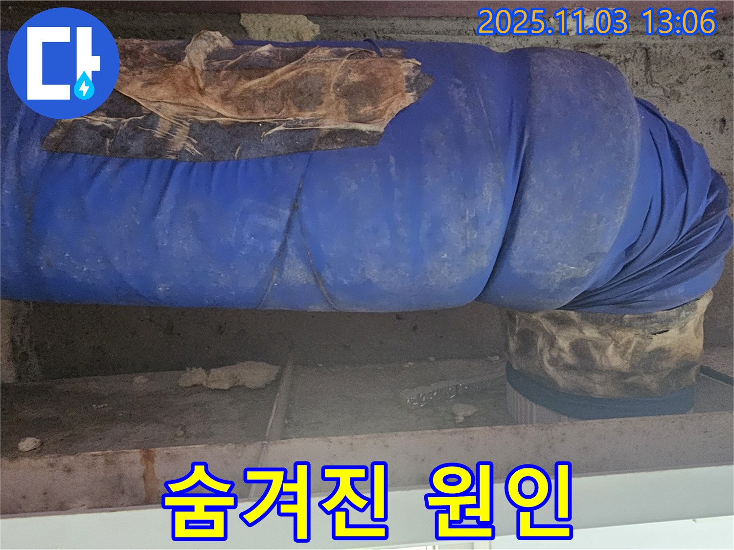 양천구 누수 현장 - 찢어진 파란 보온재가 배관 부식의 숨겨진 원인일 수 있음을 보여줍니다.