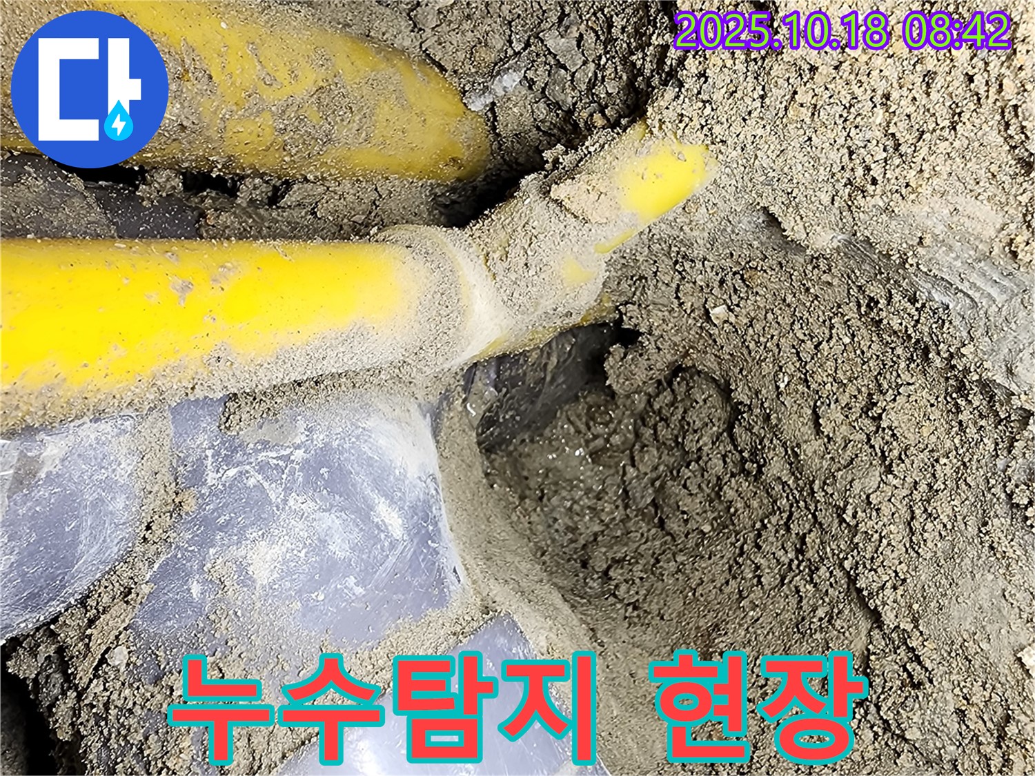 양주시 장흥면 울대리 누수탐지 현장 - 노출된 배관에서 누수 지점을 확인하고 있습니다.