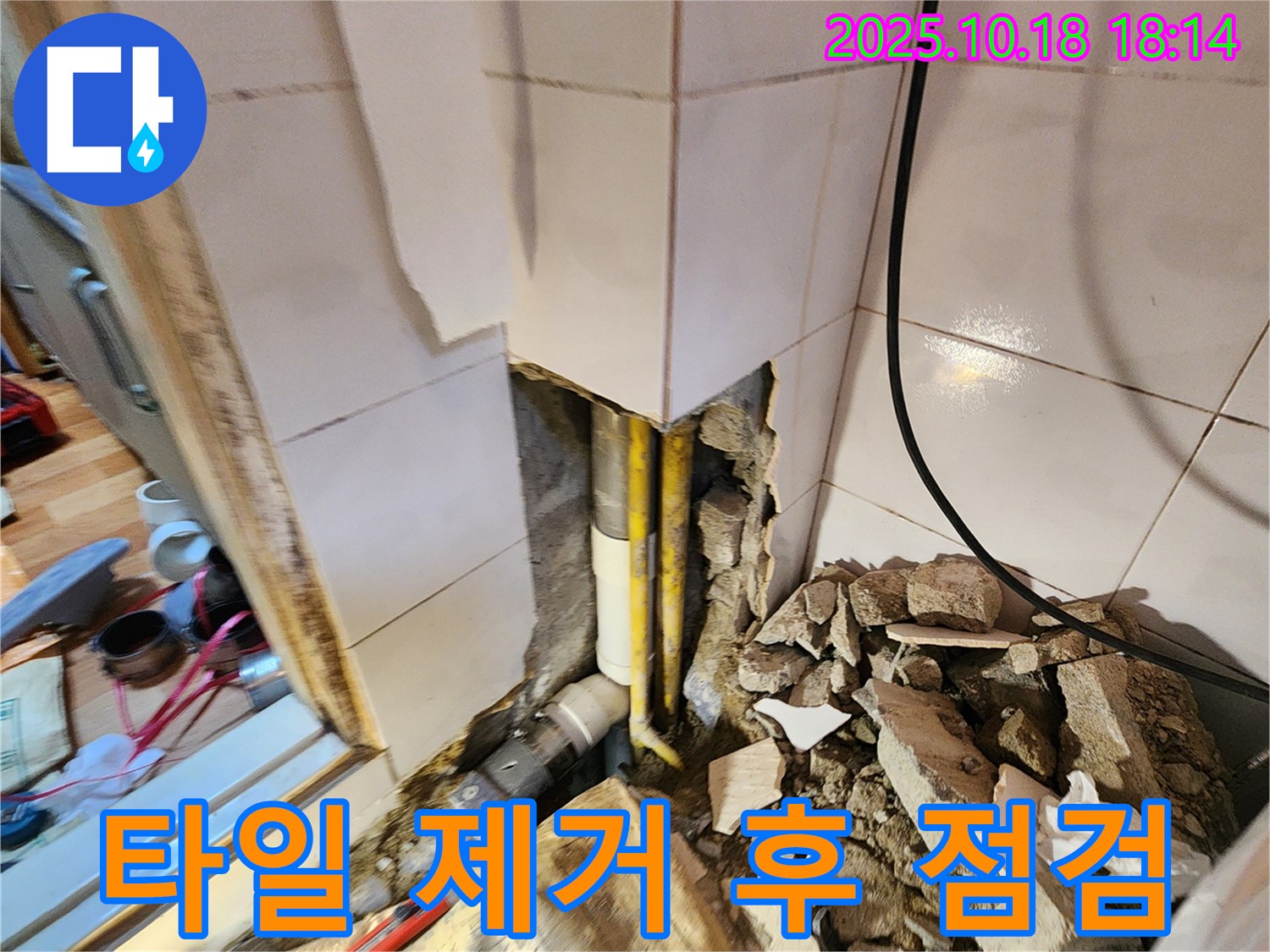 양주시 장흥면 누수 점검 중 - 타일을 제거하고 누수 지점을 면밀히 확인하고 있습니다.