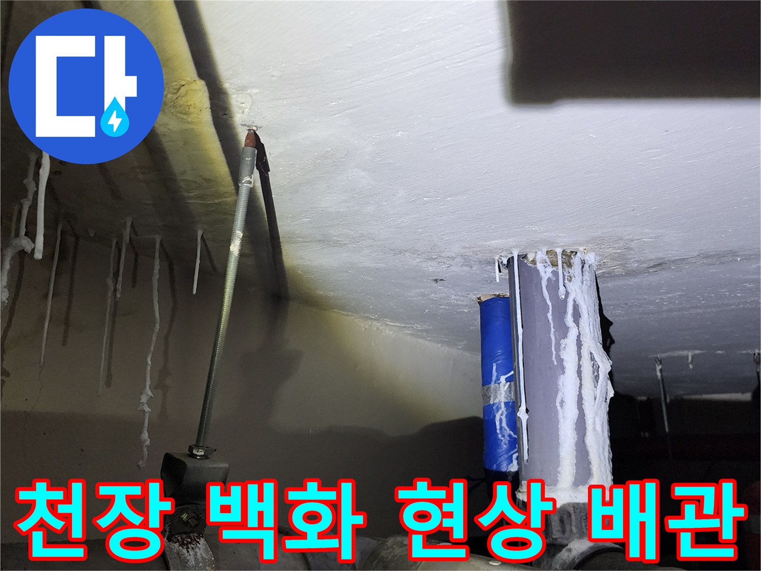 아래층 천장 슬래브에 발생한 하얀색 석회 고드름과 노출된 배관 상태입니다.