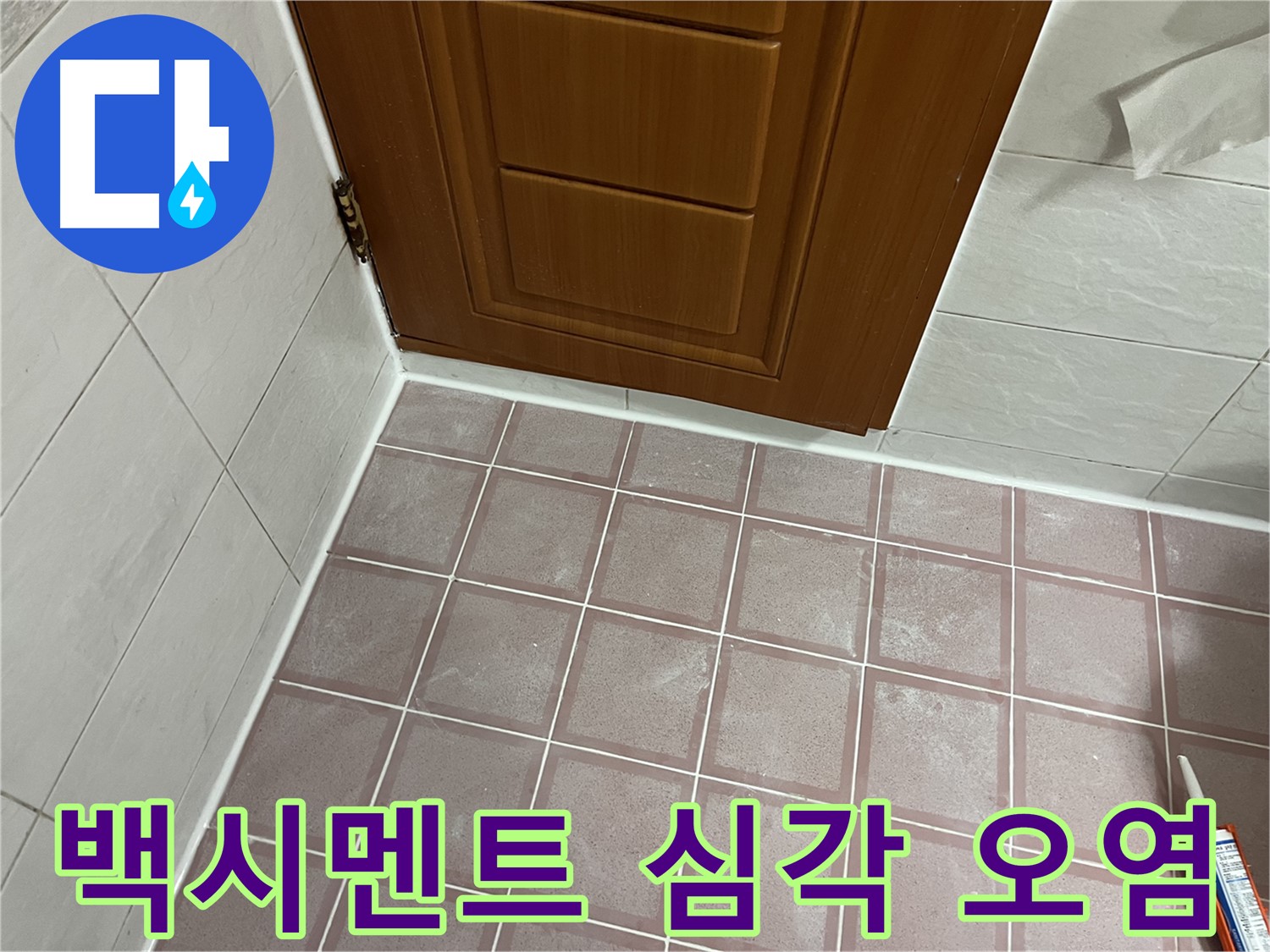 독산동 형제맨션빌 욕실 - 문 하단 타일 틈새 백시멘트의 심각한 오염과 손상 상태