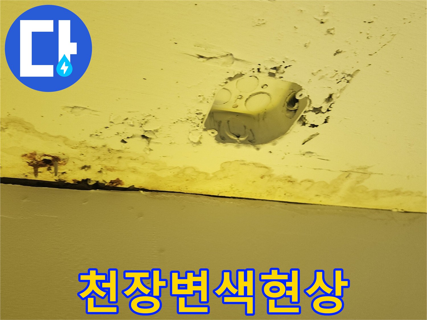 노란색 인테리어 천장 마감재 주변의 젖은 흔적과 물자국