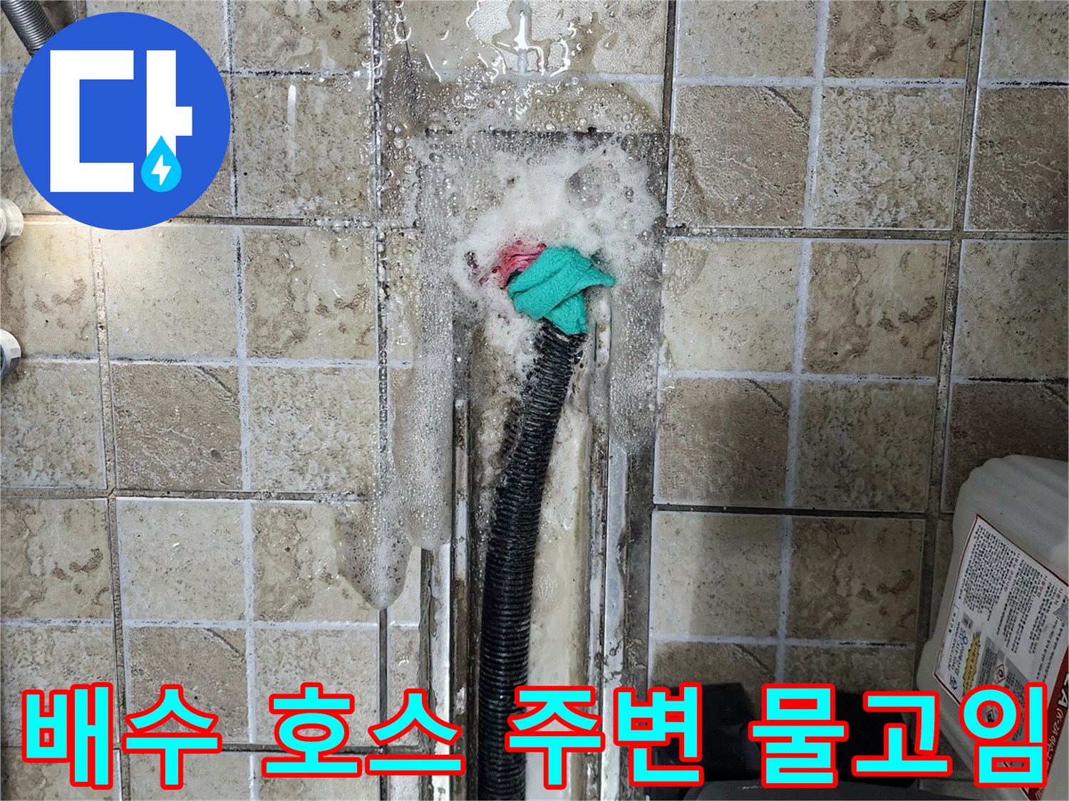 타일 틈새 사이로 흘러나오는 하수 배관의 누수 증상