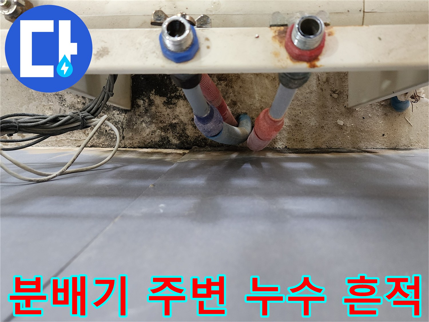 분배기 하부 연결 부위의 습기와 곰팡이가 발생한 배관 환경