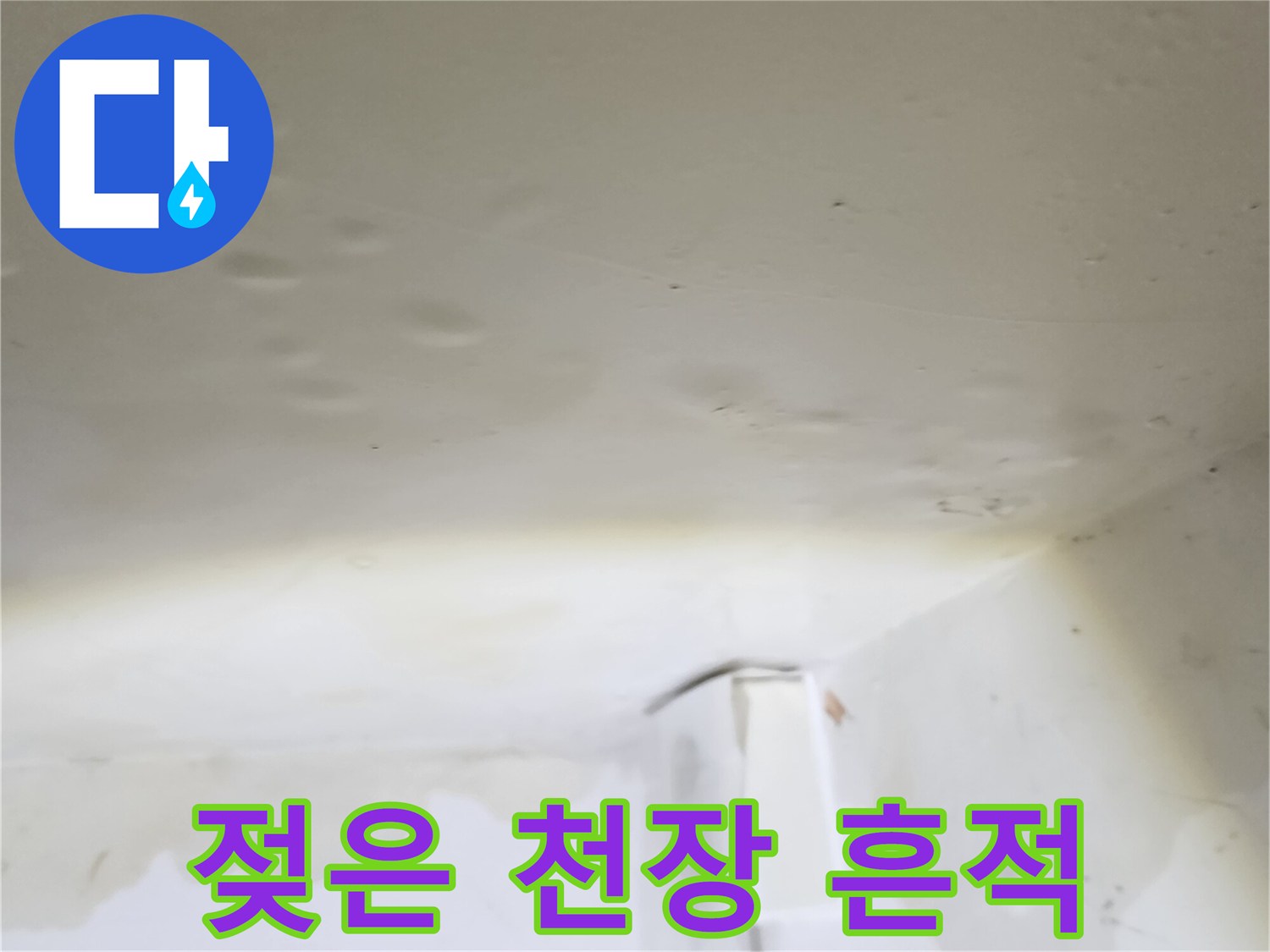 아래층 천장에 발생한 물기 머금은 얼룩과 젖은 부위