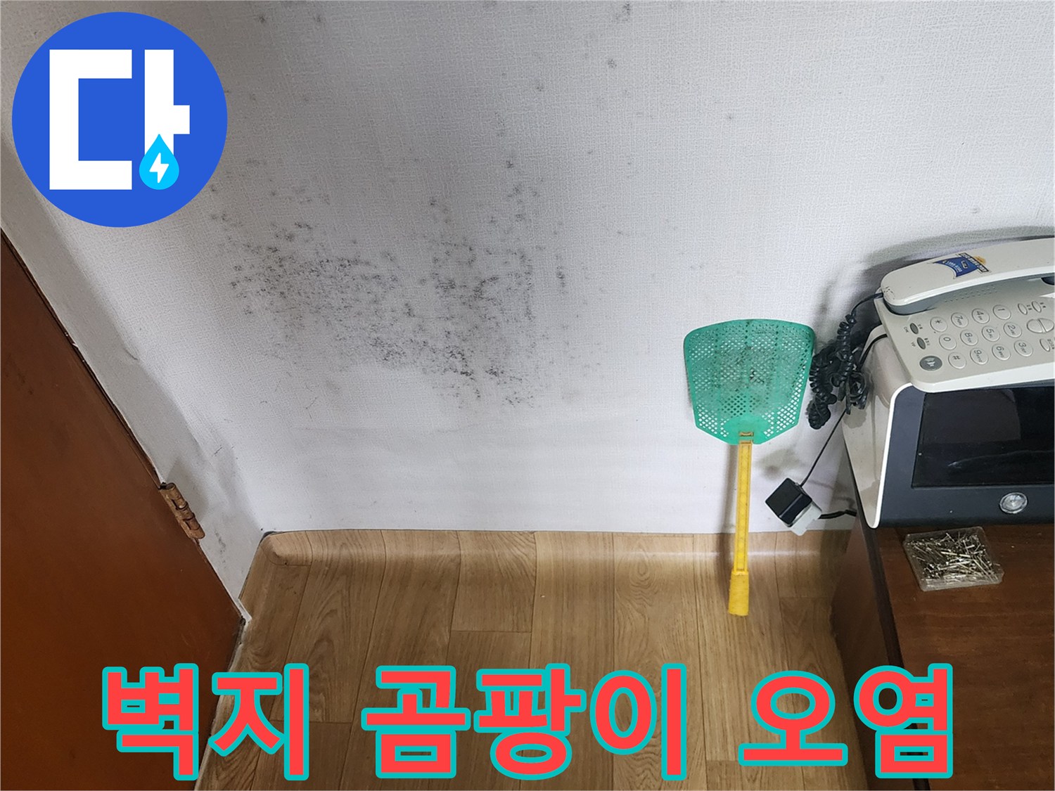 누수로 인해 검게 변한 벽지 및 곰팡이 발생 부위
