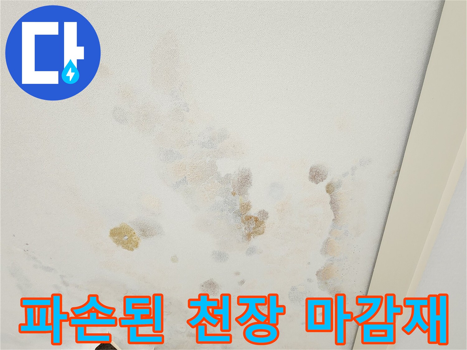 누수로 인해 찢어지고 탈락된 천장 마산재와 벽면 오염