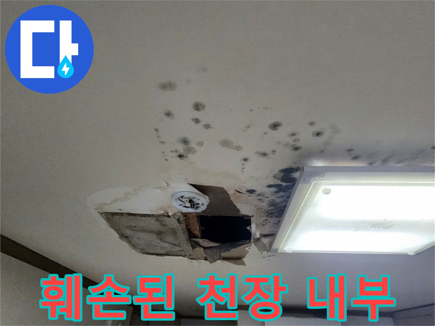 누수로 인해 천장 마감재가 뜯겨 나가 내부가 노출된 모습입니다.