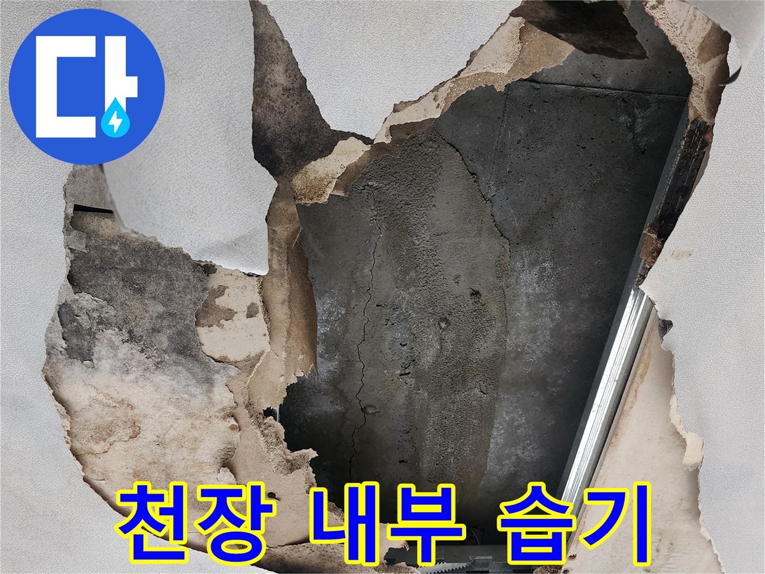 물샘으로 인해 젖고 변색된 천장 구조물 및 석고보드 파손 부위