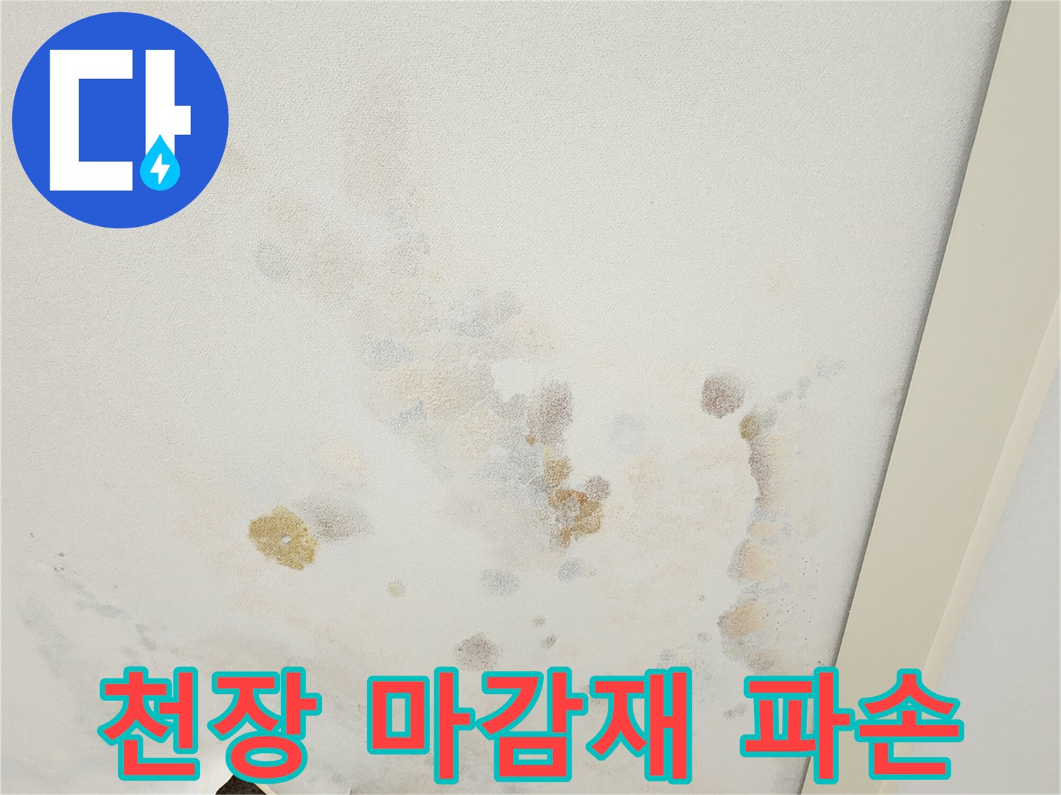 찢어지고 떨어진 천장 벽지와 내부 노출 부위