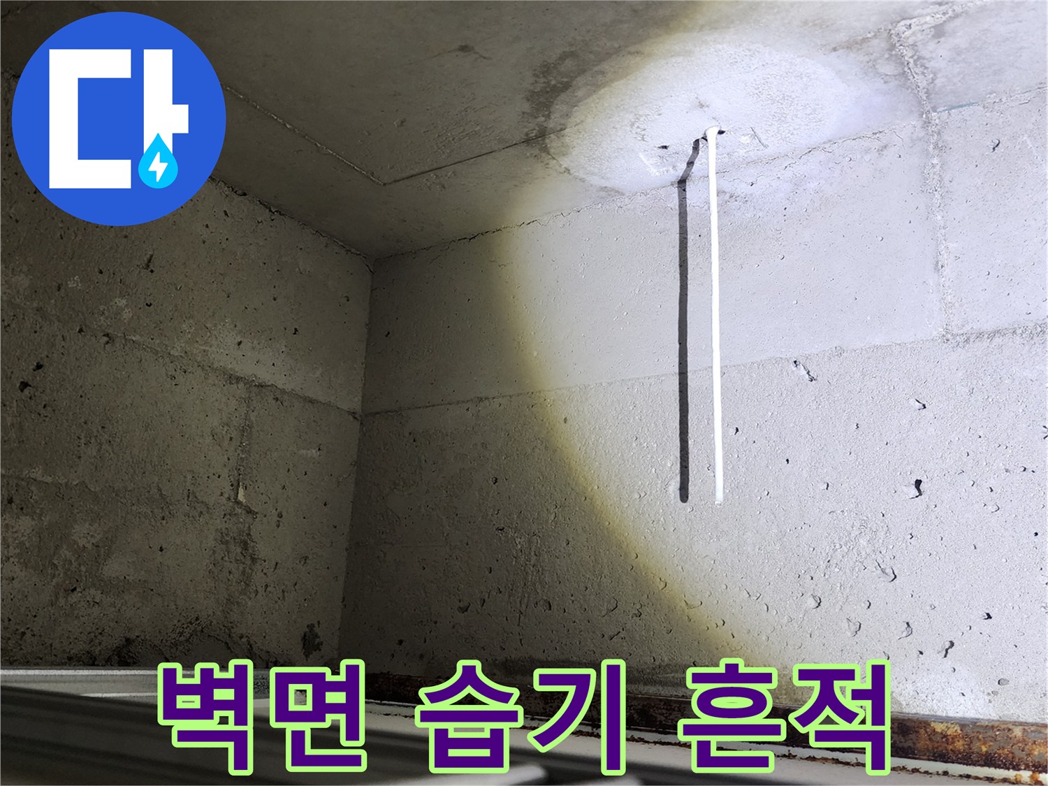 콘크리트 벽체에 나타난 하얀 침전물과 젖은 부위