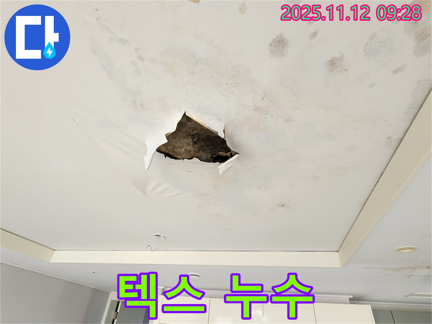 텍스 누수 - 천장 텍스에 물이 맺혀 뚝뚝 떨어지는 모습입니다.
