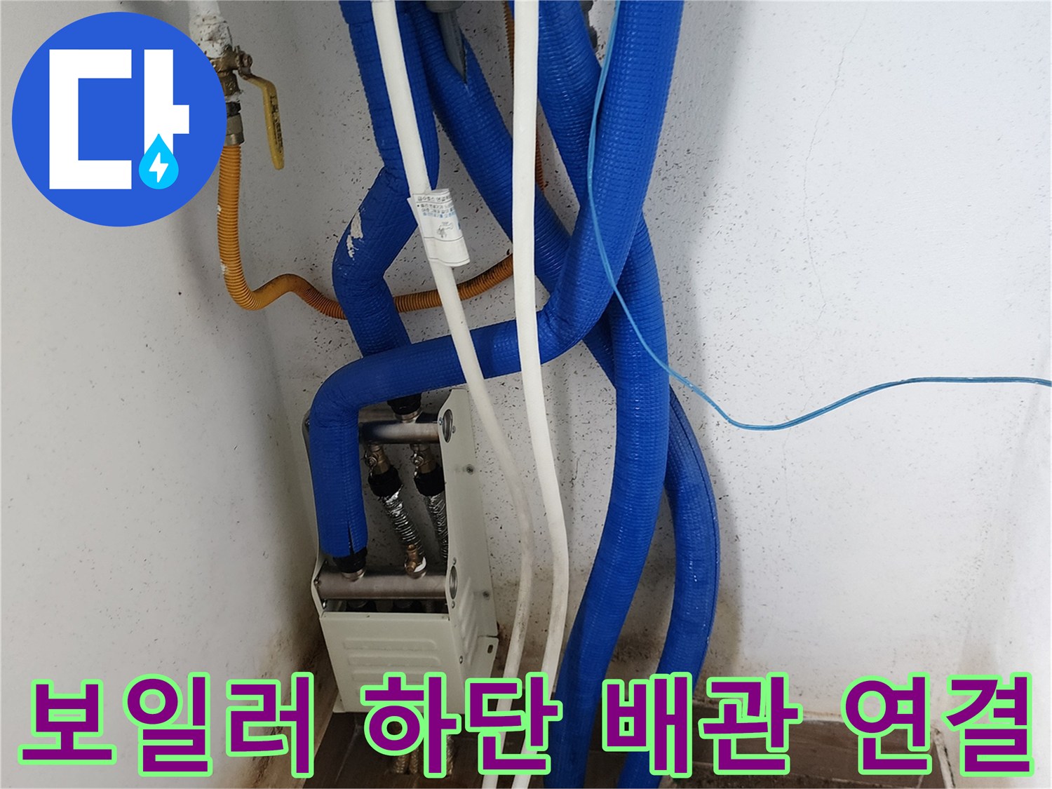 파란색과 흰색 배관이 복합적으로 연결된 모습-배관 점검 중