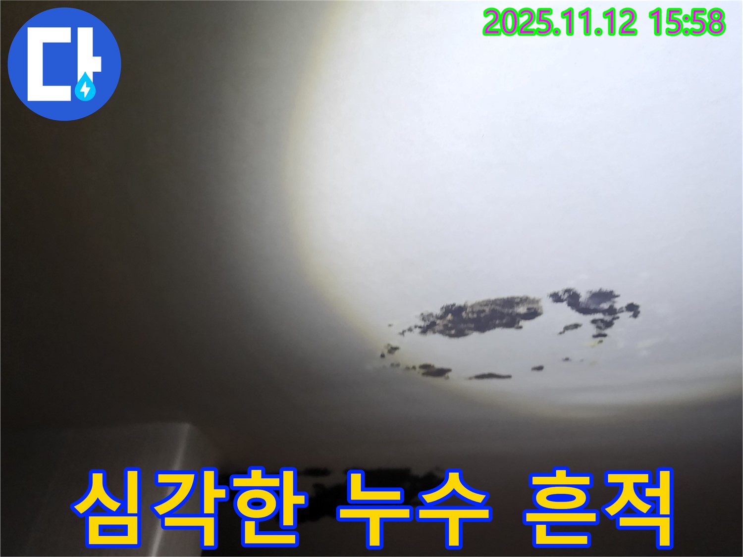 포천시 구읍리 천장 누수 - 누수로 인해 천장에 심각한 얼룩과 변색이 발생했습니다.