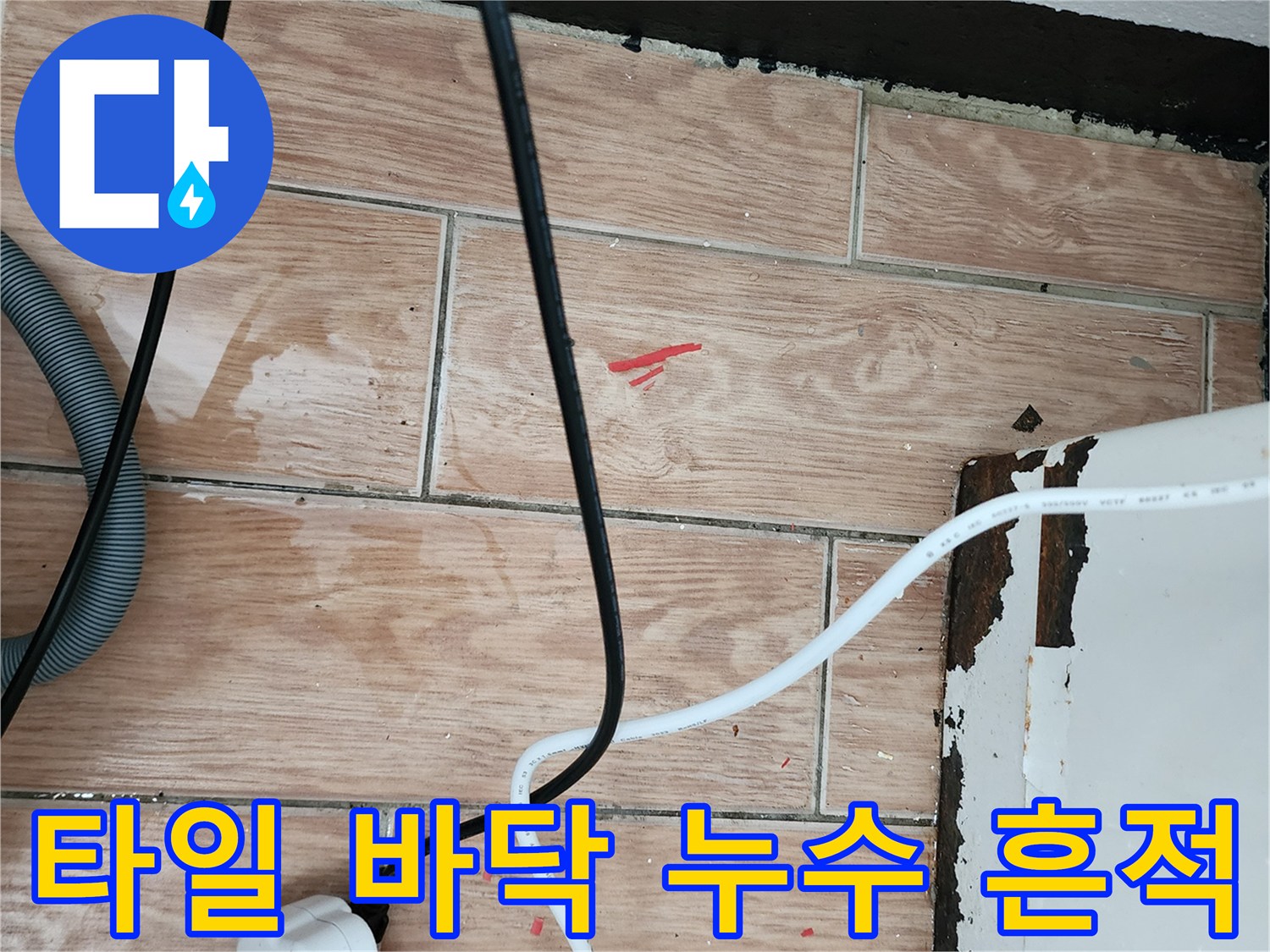 싱크대 밑 타일 사이로 보이는 습기와 배관 주변의 점검 모습
