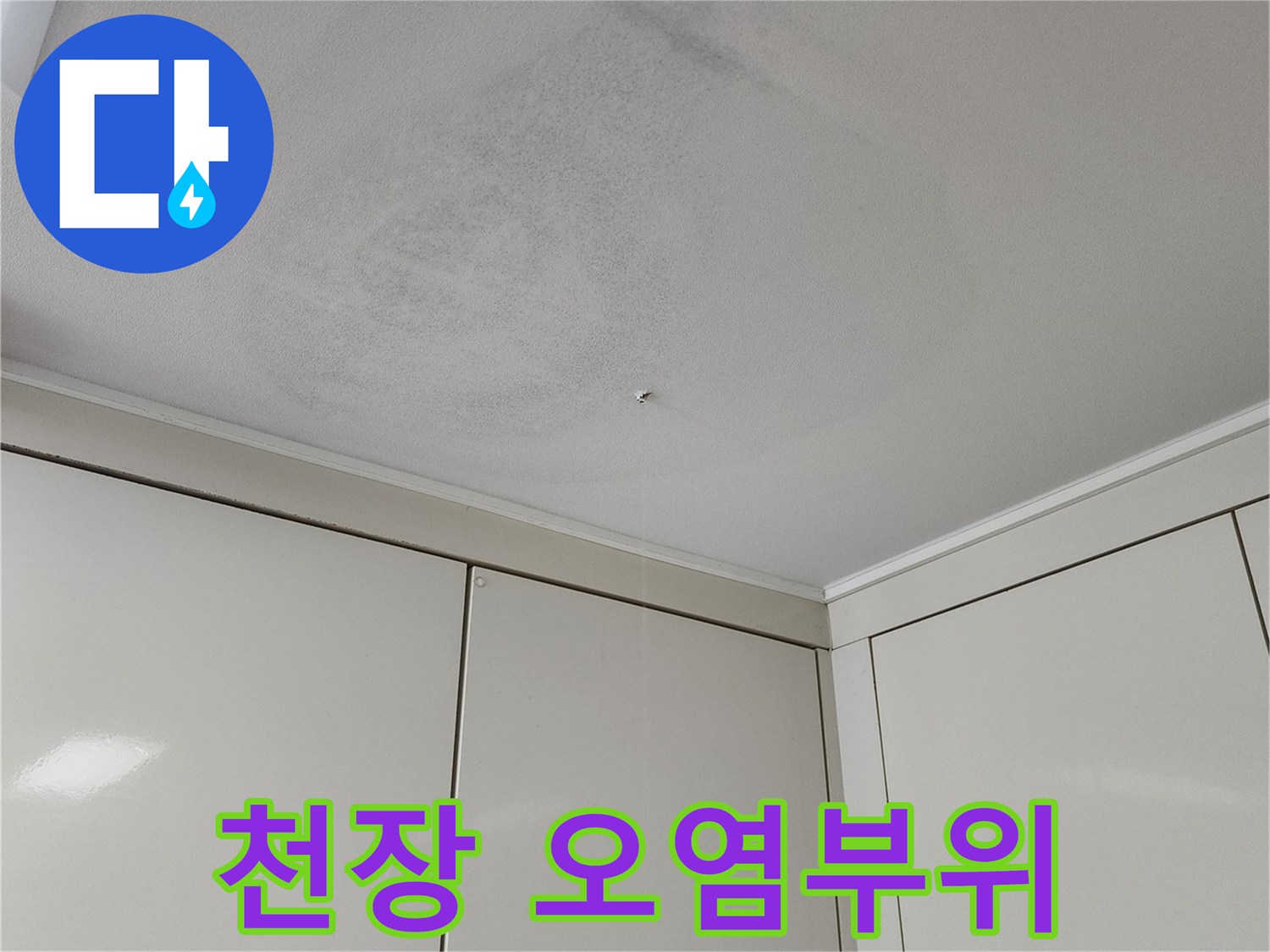 천장 벽지에 나타난 물샘 흔적과 변색된 부위 사진