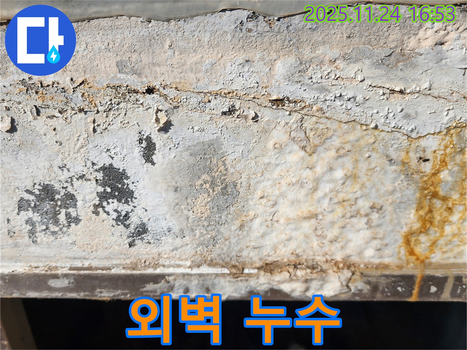 건물 외벽의 누수 - 오래된 건물 외벽에 생긴 누수 자국과 페인트 벗겨짐이 보입니다.