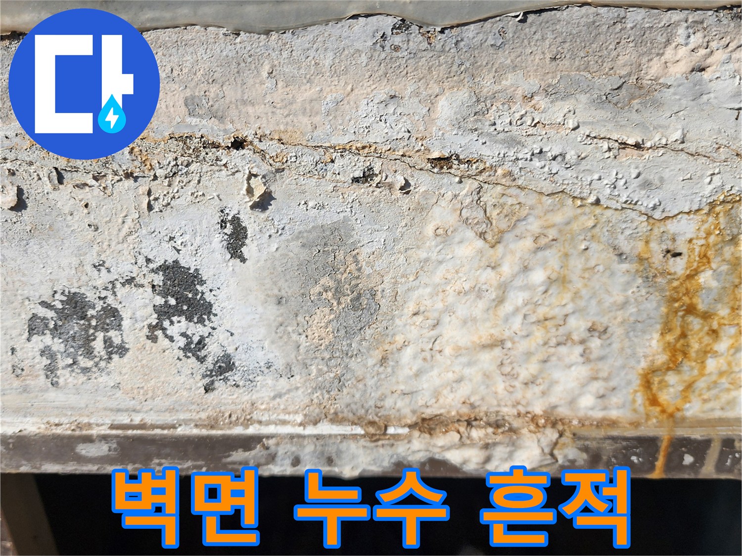 균열된 벽면 사이로 스며든 물자국과 시멘트 오염 상태