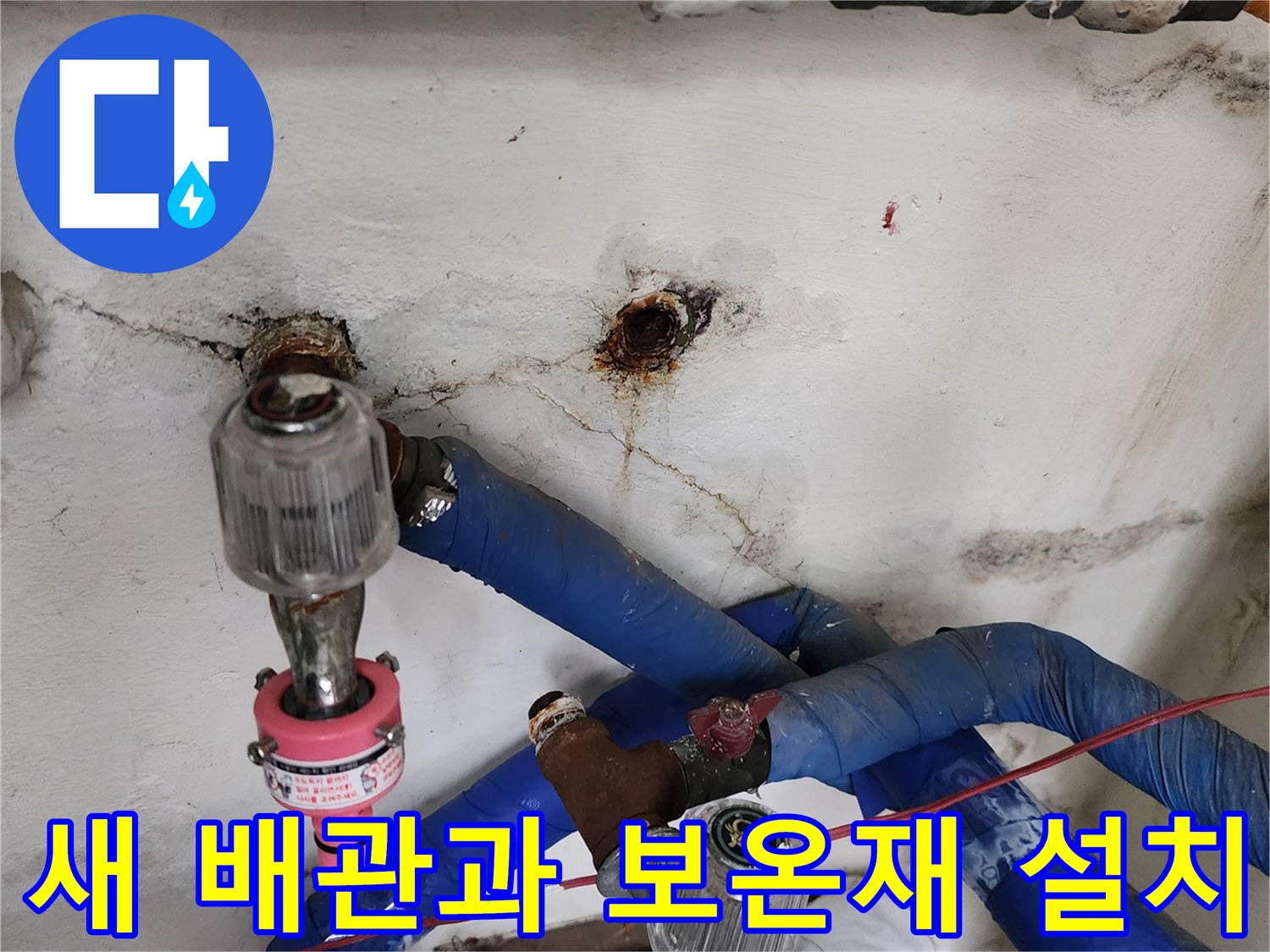 신규 교체된 배관-파란색 보온재로 마감된 급수 라인