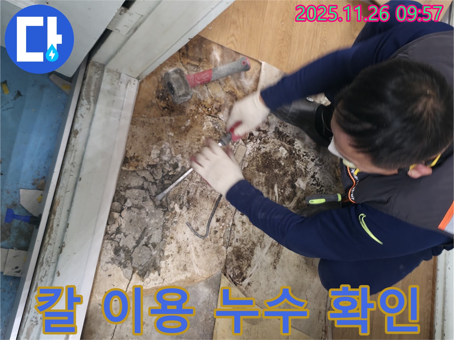 서초구 서초2동 칼 이용 누수 확인 - 칼을 사용하여 장판을 조심스럽게 들어올려 누수 지점을 확인하는 모습입니다.