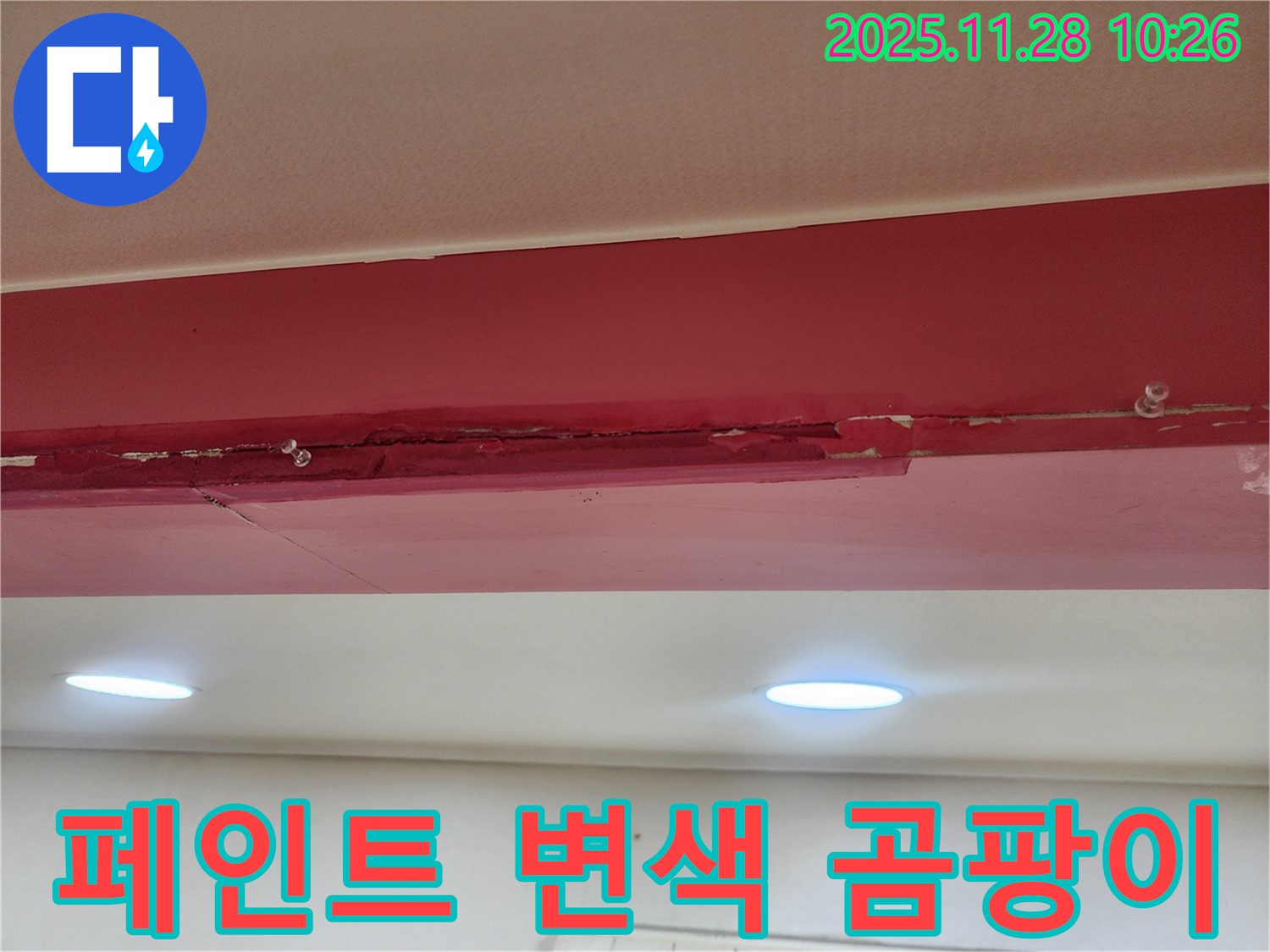 경기도 포천시 신북면 - 붉은 천장 페인트 변색과 곰팡이 - 누수로 인해 페인트 색이 변하고 곰팡이가 슬어 있는 모습입니다.