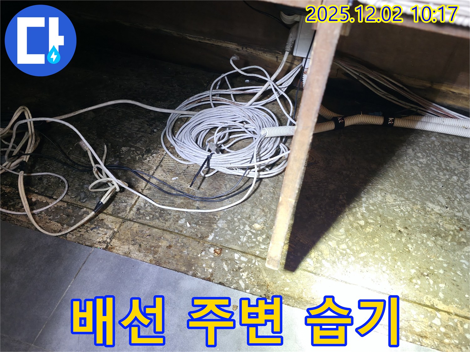 양평군 옥천면 고읍리 누수 현장 - 배선 주변의 습기가 누수를 의심하게 합니다.