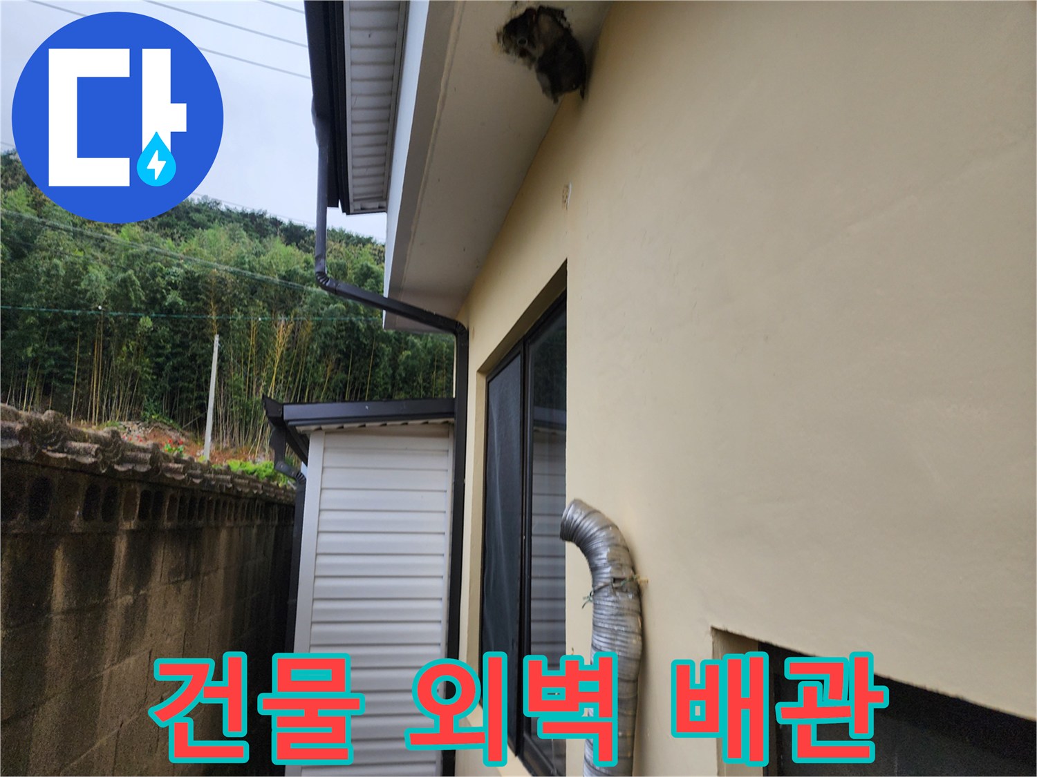 건물 외벽에 설치된 은색 배관과 하단 빗물받이 모습