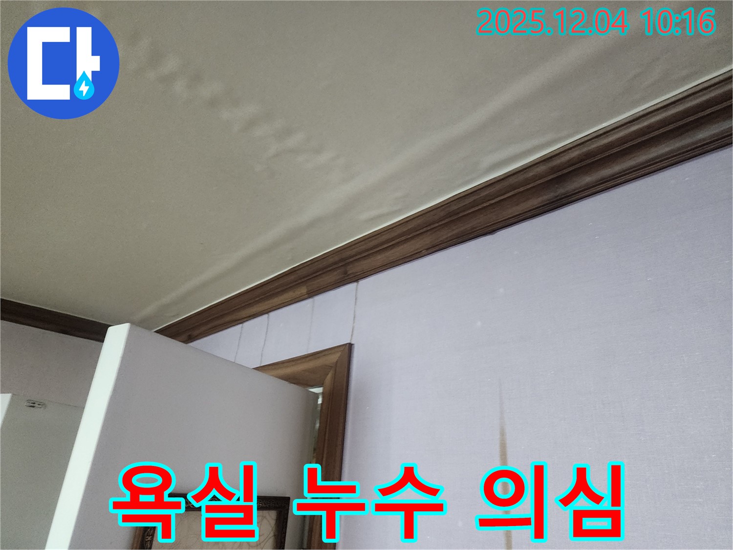 경기도 포천시 일동면 유동리 욕실 누수 의심 - 윗집 욕실 누수로 인한 천장 문제, 긴급 진단으로 원인 파악.