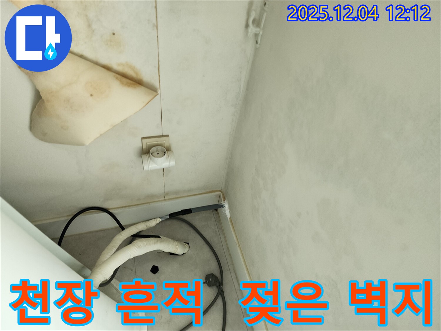 경기도 포천시 일동면 기산리 주택 누수 - 천장 누수 흔적과 젖은 벽지를 통해 누수 심각성을 보여줍니다.