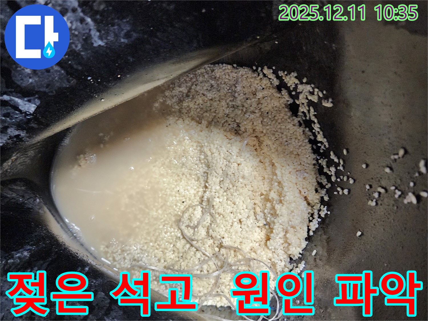 남궁리 누수 현장 - 젖은 석고 가루와 섬유, 누수 원인 100% 파악을 위한 꼼꼼한 분석 작업입니다.