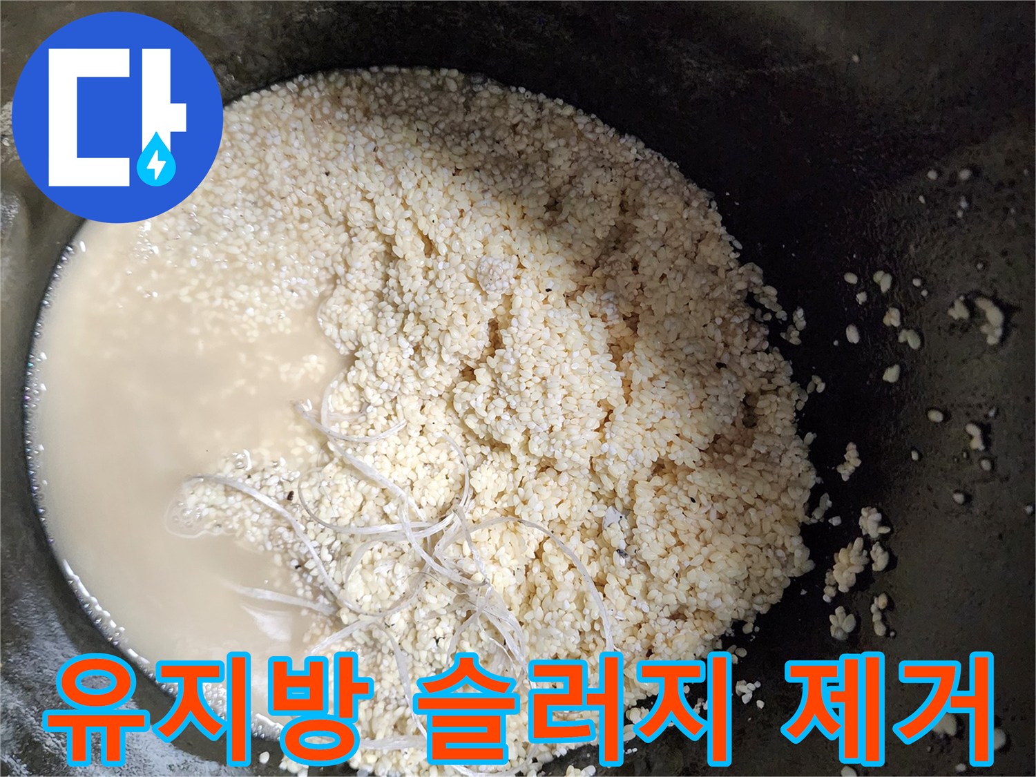 배수관에서 추출된 하얀 유지방 덩어리와 오염된 물의 모습