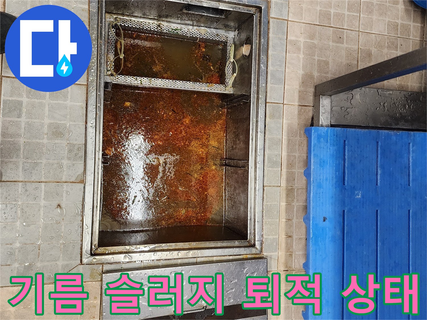 배관 내부에 쌓인 유지방 덩어리와 오염된 트랩 내부
