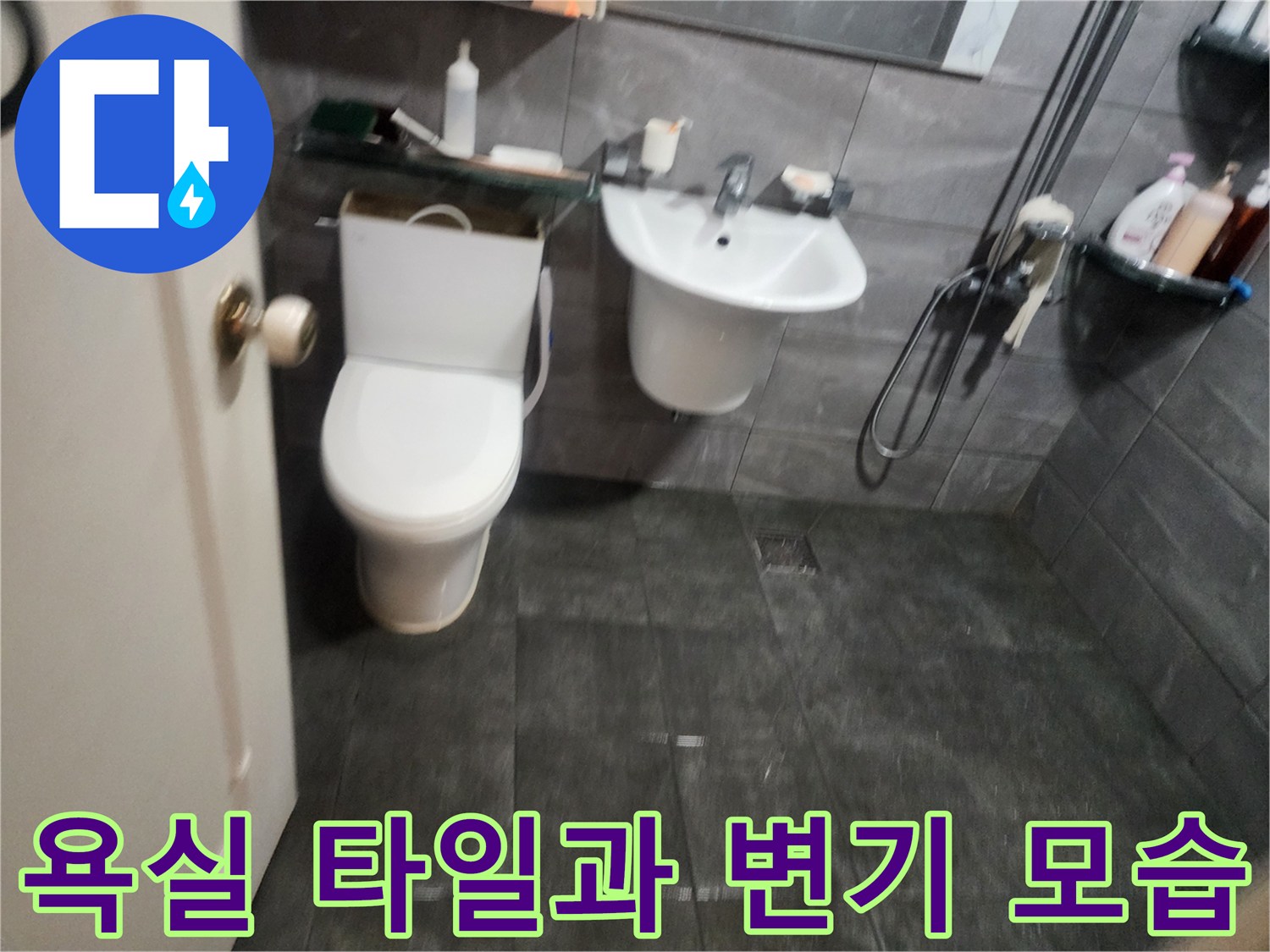 변기와 세면대가 설치된-어두운 톤의 욕실 내부 사진입니다.