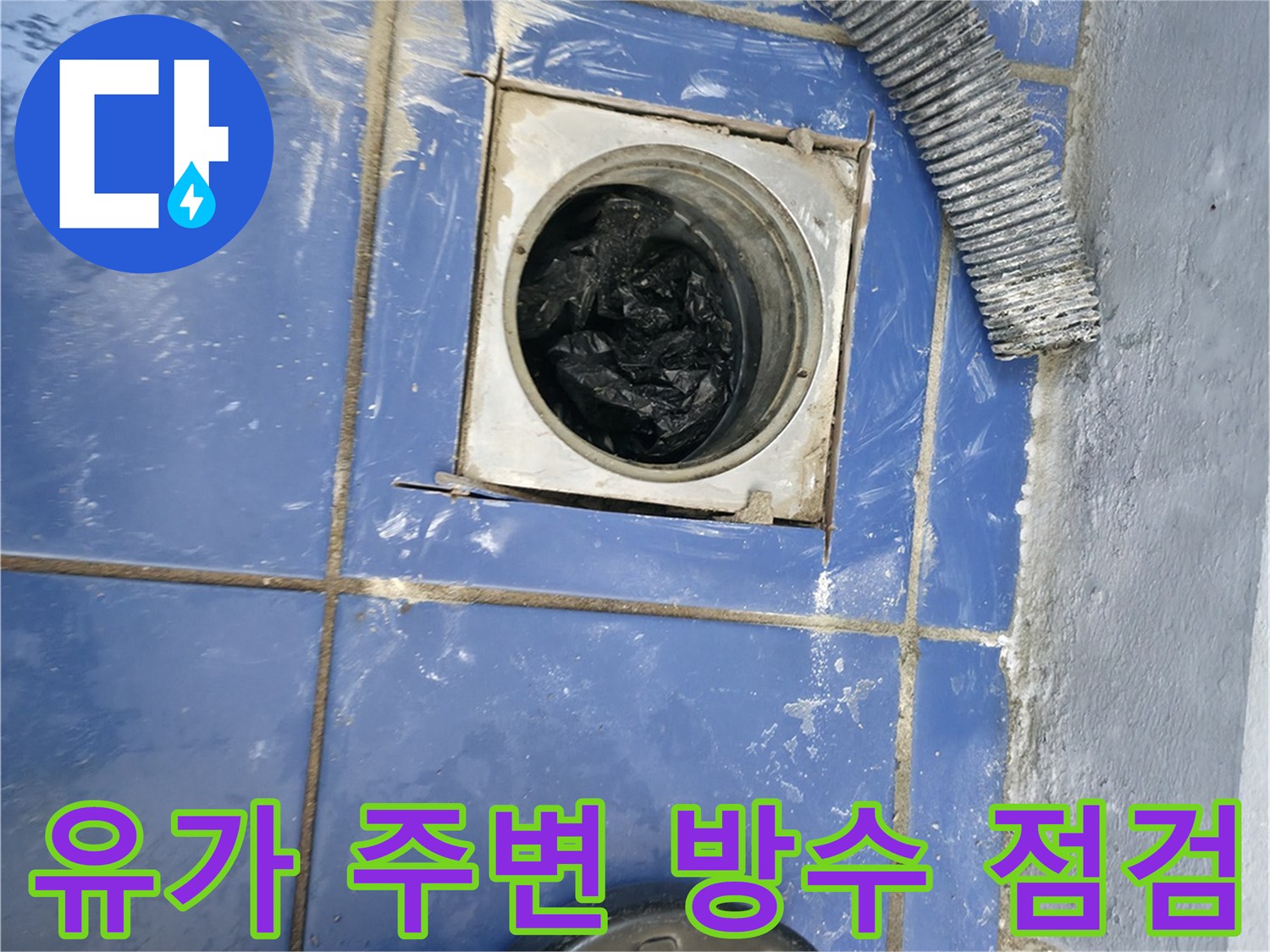 세탁실 배수구 유가 주변 타일 틈새의 물샘 현상 확인 중