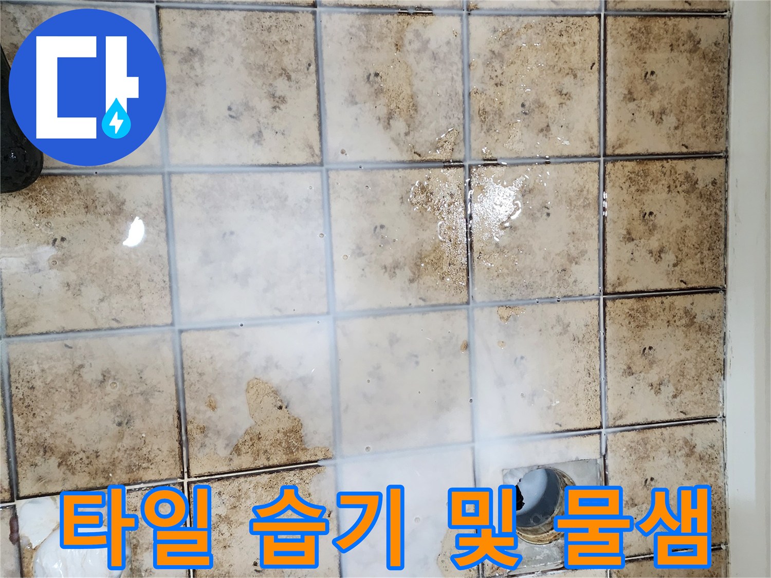 욕실-배수구-주변의-타일-변색과-물고임-현상입니다